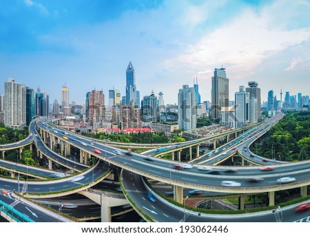 panoramic view of city elevated road junction at dusk in shanghai