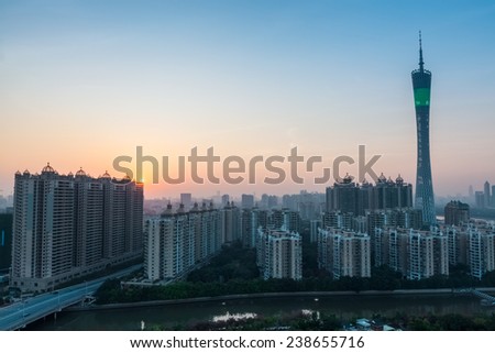 guangzhou tower in sunset , the beauty of the southern chinese city