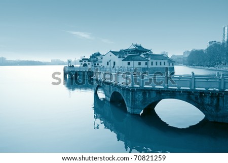 traditional architecture in the lake, built in the three kingdoms period, jiujiang city, China