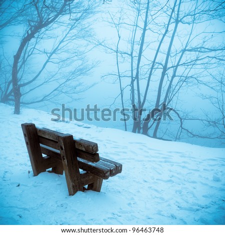 a stone chair at lakeside in winter