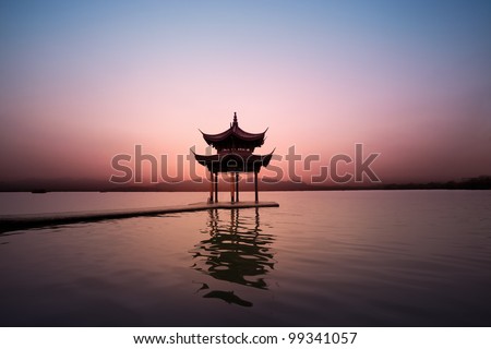 pavilion at nightfall,the west lake in hangzhou,China
