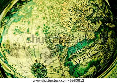 Closeup of antique globe with map focused on Europa contintent