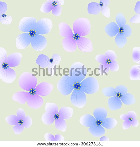 Seamless background with blue and lilac hydrangea flowers. Vector illustration.