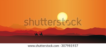 Vector illustration of caravan in a desert