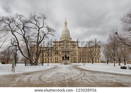 Michigan State Capitol building exterior in the Winter