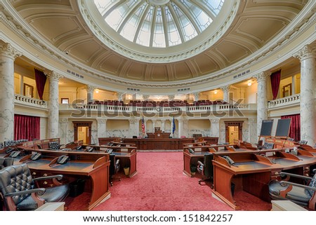 BOISE, IDAHO - JULY 31: An empty Idaho State Senate chamber at the Idaho Capitol building on July 31, 2013 in Boise, Idaho