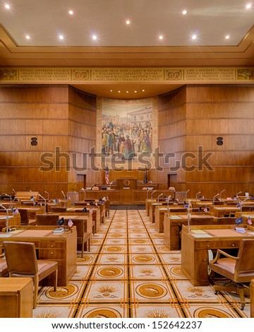 SALEM, OREGON - AUGUST 9: Am empty Senate Chamber of the Oregon State Capitol building on August 9, 2013 in Salem, Oregon