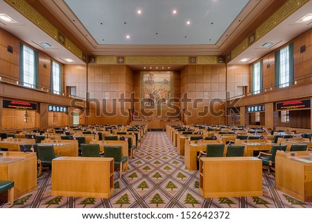 SALEM, OREGON - AUGUST 9: An empty House of Representatives chamber of the Oregon State Capitol building on August 9, 2013 in Salem, Oregon