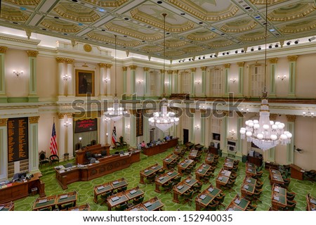 SACRAMENTO, CALIFORNIA - AUGUST 13: An empty House of Representatives Chamber in the California State Capitol building on August 13, 2013 in Sacramento, California