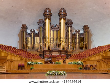 SALT LAKE CITY, UTAH - AUGUST 16: Pipe organ in an empty auditorium at the Tabernacle on August 16, 2013 in Salt Lake City, Utah