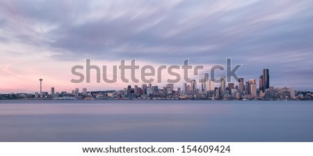 Panoramic view of the Seattle skyline from Alki Beach Park in Seattle, Washington
