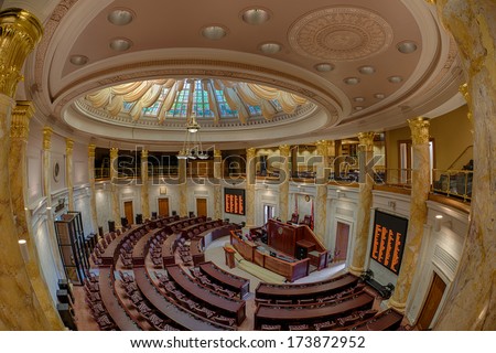 LITTLE ROCK, ARKANSAS - JANUARY 15: Fish-eye view of the House of Representatives chamber of the Arkansas State Capitol building on January 15, 2014 in Little Rock, Arkansas