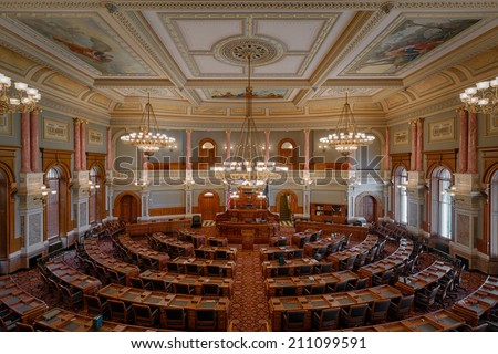 TOPEKA, KANSAS - JULY 23: House of Representatives chamber of the Kansas State Capitol building on July 23, 2014 in Topeka, Kansas