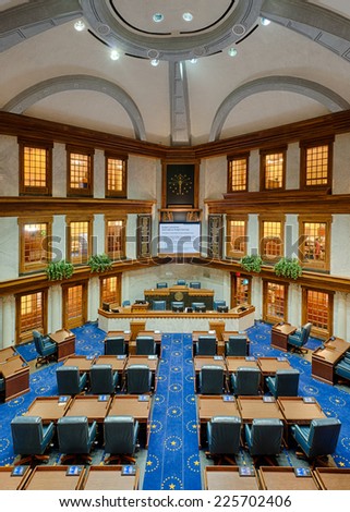 INDIANAPOLIS, INDIANA - OCTOBER 23: Empty State Senate Chamber from the balcony of the Indiana State Capitol building on October 23, 2014 in Indianapolis, Indiana