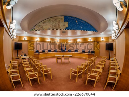 COLUMBUS, INDIANA - OCTOBER 22: An empty City Council Chamber in City Hall on October 22, 2014 in Columbus, Indiana