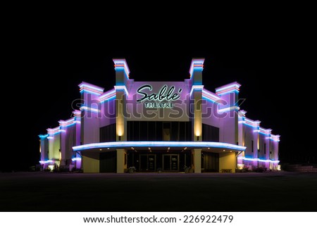 PIGEON FORGE, TENNESSEE - OCTOBER 19: Sable\' Theatre at night on Ocotber 19, 2014 in Pigeon Forge, Tennessee
