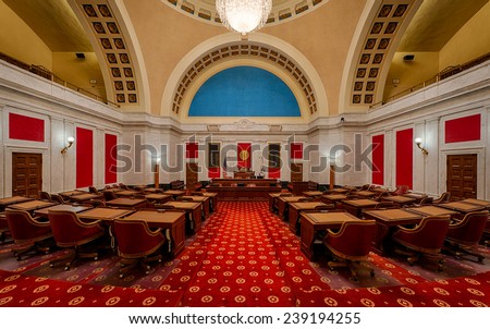 CHARLESTON, WEST VIRGINIA - DECEMBER 17: Senate chamber of the West Virginia State Capitol building on December 17, 2014 in Charleston, West Virginia
