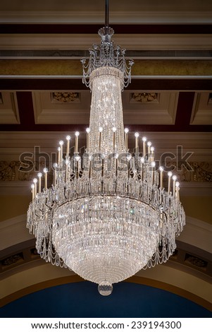 CHARLESTON, WEST VIRGINIA - DECEMBER 17: Crystal chandelier in the House of Representatives chamber of the West Virginia State Capitol building on December 17, 2014 in Charleston, West Virginia