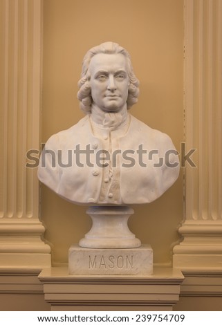 RICHMOND, VIRGINIA - DECEMBER 15: Marble bust of George Mason, author of the Declaration of Rights, in the Old House chamber of the Virginia State Capitol on December 15, 2014 in Richmond, Virginia
