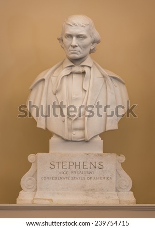 RICHMOND, VIRGINIA - DECEMBER 15: Marble bust of Alexander Stephens, Vice President of the Confederacy, in the House chamber of the Virginia State Capitol on December 15, 2014 in Richmond, Virginia