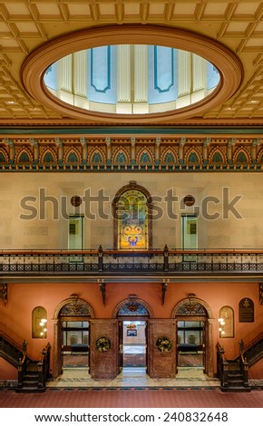 COLUMBIA, SOUTH CAROLINA - DECEMBER 9: Stained glass window below the dome in the main lobby of the South Carolina State House on December 9, 2014 in Columbia, South Carolina