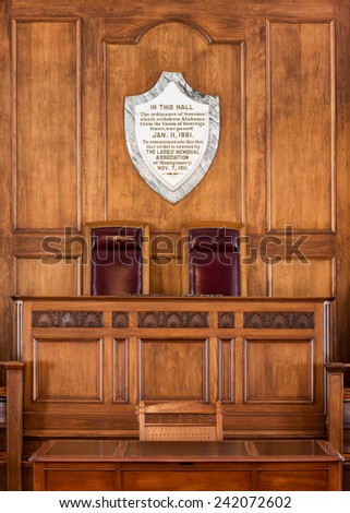 MONTGOMERY, ALABAMA - DECEMBER 3: Podium in the Old House of Representatives chamber in the Alabama State Capitol building on December 3, 2014 in Montgomery, Alabama
