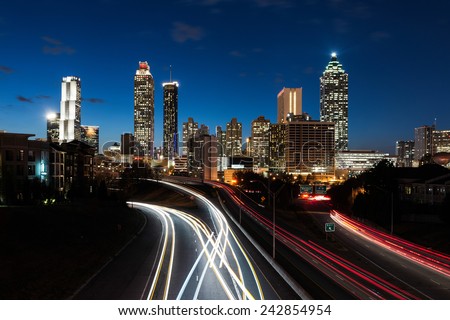 ATLANTA, GEORGIA - DECEMBER 2: Downtown Atlanta (east side) at dusk from the Jackson Street Bridge on December 2, 2014 in Atlanta, Georgia