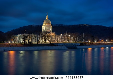 CHARLESTON, WEST VIRGINIA - DECEMBER 17: West Virginia State Capitol building from across the Kanawha River on December 17, 2014 in Charleston, West Virginia