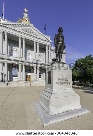 CONCORD, NEW HAMPSHIRE - JULY 29: Statue of Daniel Webster in front of the New Hampshire State House on July 29, 2015 in Concord, New Hampshire
