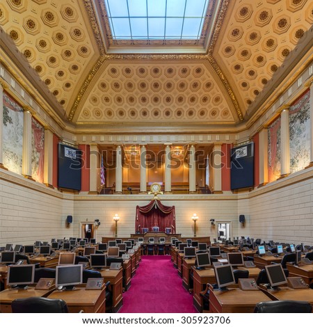 PROVIDENCE, RHODE ISLAND - JULY 24: House of Representatives Chamber in the Rhode Island State House on Smith Street on July 24, 2015 in Providence, Rhode Island
