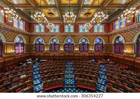 HARTFORD, CONNECTICUT - JULY 23: House of Representatives chamber in the Connecticut State Capitol on July 23, 2015 in Hartford, Connecticut