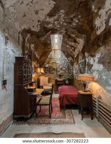 PHILADELPHIA, PENNSYLVANIA - JULY 21: Al Capone\'s cell at the Eastern State Penitentiary (1829) on Fairmount Avenue on July 21, 2015 in Philadelphia, Pennsylvania