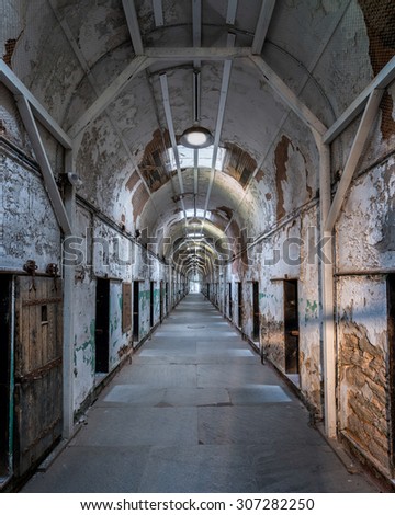 PHILADELPHIA, PENNSYLVANIA - JULY 21: Cell block in the Eastern State Penitentiary (1829) on Fairmount Avenue on July 21, 2015 in Philadelphia, Pennsylvania