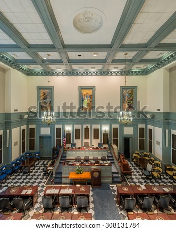 DOVER, DELAWARE - JULY 20: House of Representatives chamber from the balcony in Legislative Hall on July 20, 2015 in Dover, Delaware
