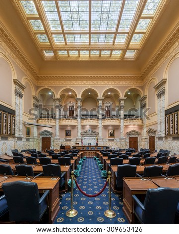 House of ANNAPOLIS, MARYLAND - JULY 17: House of Delegates Chamber in the Maryland State House on State Circle on July 17, 2015 in Annapolis, Maryland