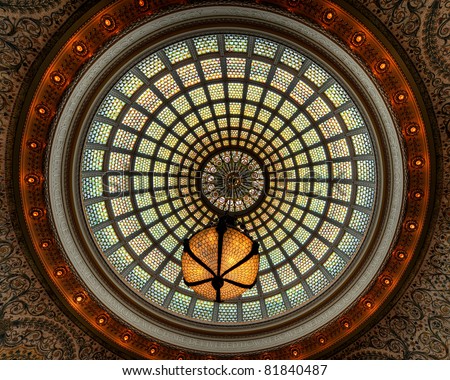 Tiffany\'s stained glass ceiling dome with chandelier at the Chicago Cultural Center