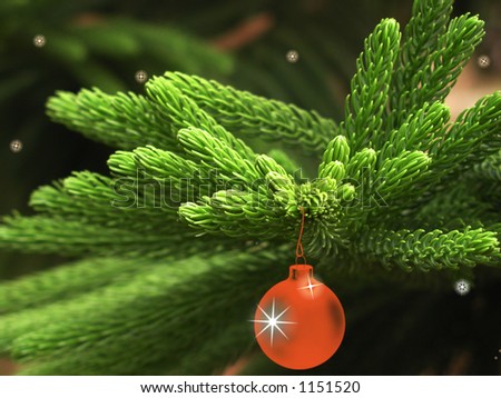pine tree branch with Christmas decoration/ red globe