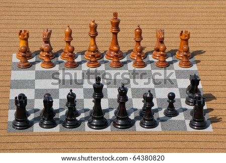 Big Wooden Chess, arranged on start positions for adult to play outside