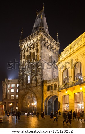 PRAGUE -  27 DECEMBER 2013: Powder Gate in Prague center in the evening lights, Prague, Czech Republic