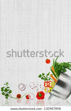 Recipe template. Fresh vegetables on fabric texture