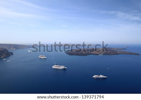 Cruise ships on Mediterranean sea in Santorini island