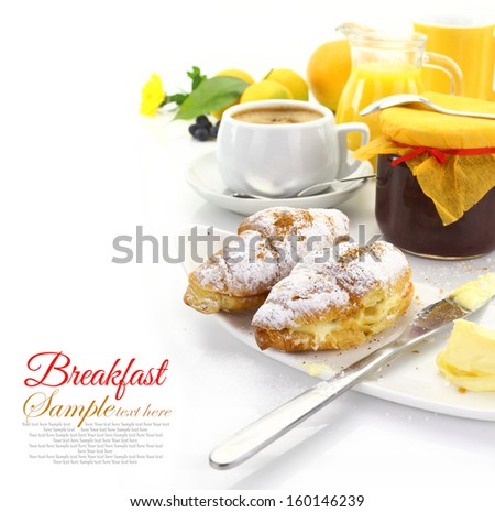 Breakfast with croissants and beverages