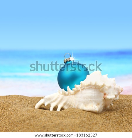 Christmas ball in a sea shell on the beach