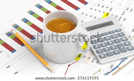 Cup of coffee with office paperwork, calculator and pencil