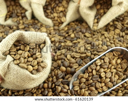 Coffee beans in burlap bag