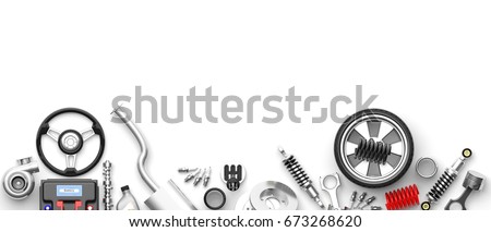Various car parts and accessories, isolated on white background. 3d illustration Imagine de stoc © 