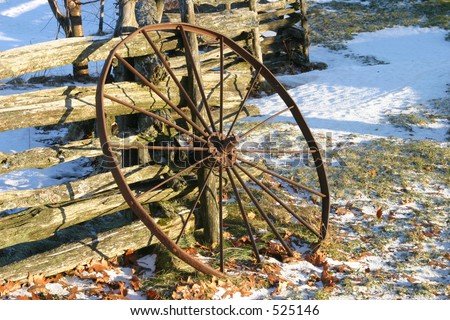 Wagon Wheel Leaning on Wood Rail Fence