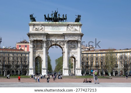MILAN, ITALY - APRIL 12 2015: Porta Sempione (Simplon Gate) is a city gate of Milan, Italy marked by a landmark triumphal arch called Arco della Pace (Arch of Peace), dating back to the 19th century.