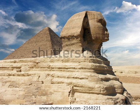 The Great Sphinx with the Great Pyramid of Cheops in the background