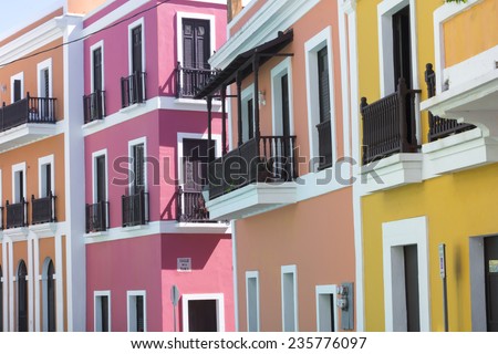 Beautiful buildings in Old San Juan representing the colorful colonial style architecture of Puerto Rico